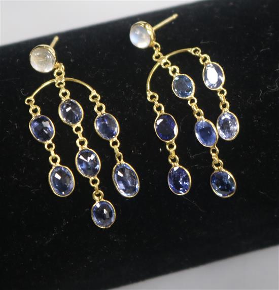 A modern pair of 14ct gold, sapphire and moonstone set drop earrings, 32mm.